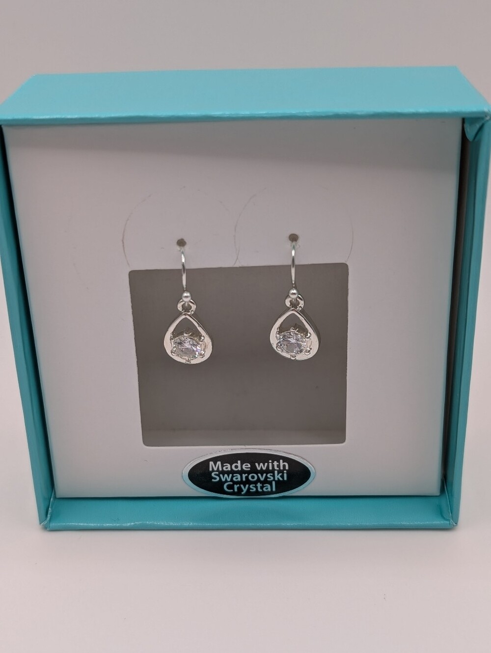 Silver Clear Crystal Teardrop Dangle Earrings Made With Swarovski Crystal NWOT